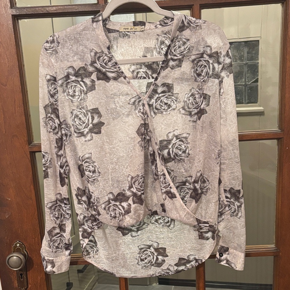 Floral Wrap Blouse - Black and Gray